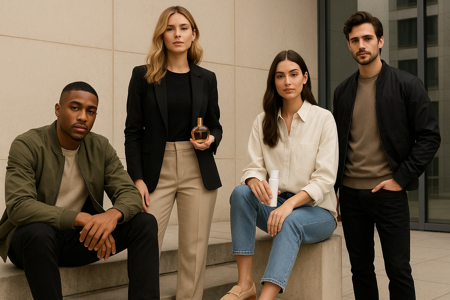 Hola. Podrías diseñarme para el banner de mi tienda en Shopify, una imagen para los nichos de Moda, Bienestar y cuidado personal. quiero que sea urbano, moderno y sofisticado. Deben aparecer personas, productos como tenis, calzado informal, perfumes, para hombres y mujeres.